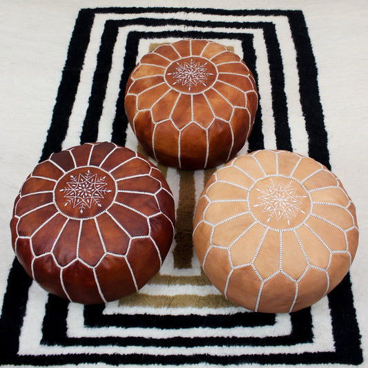Ottoman footstool leather pouf living room decor, leather pouf ottoman Tan & Dark leather, handmade furniture, moroccan pouf, Floor Cushion
